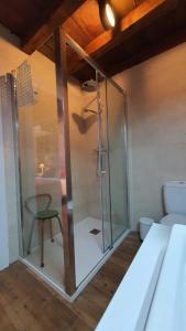 a glass shower with a chair in a room at Casas del Castillo, 1 in Ávila