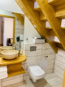 a bathroom with a sink and a toilet in a room at Egria Apartments in Eger