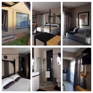 a collage of four pictures of a hotel room at Sarah's Place Guesthouse in Pretoria