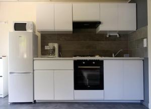 uma cozinha com armários brancos e um forno preto em GITE à LA FERME PRES VULCANIA-GR89 em La Goutelle