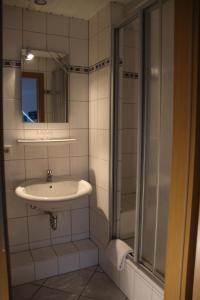 a bathroom with a sink and a shower at Landhaus Burs in Löningen