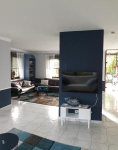 a living room with a blue wall with a flat screen tv at An den Auwiesen in Kleineicholzheim