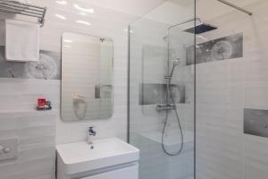 a bathroom with a shower and a toilet and a sink at Casa Andreea in Braşov