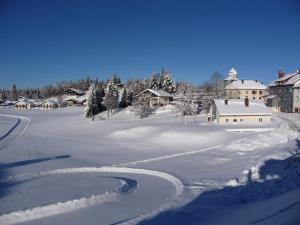 a snow covered field with houses and a road at Le TETRAS in Lamoura