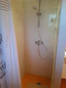 y baño con ducha y cortina de ducha. en Czerwony Domek, en Tleń