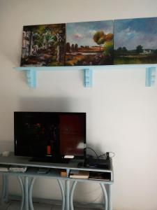 een bureau met een televisie en schilderijen aan de muur bij 36 Df Strauss Street in Kleinmond