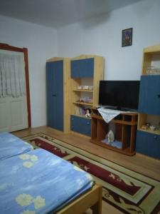 a room with two beds and a tv and a desk at Rózsa vendégház in Abádszalók