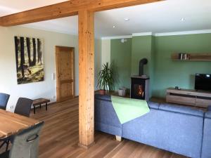 ein Wohnzimmer mit einem blauen Sofa und einem Holzofen in der Unterkunft Waldhaus-Vulkaneifel in Kelberg