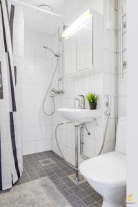 W łazience znajduje się umywalka, prysznic i toaleta. w obiekcie WeHost Munkkisaarenkatu w Helsinkach