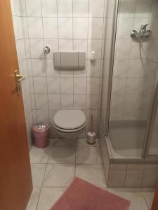 a small bathroom with a toilet and a shower at Apartment 4you in Eggolsheim