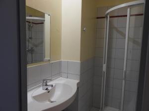 een badkamer met een wastafel en een douche bij Le Pavillon des Officiers in Mont-Dauphin