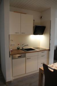 維林根的住宿－流浪公寓，厨房配有白色橱柜和水槽