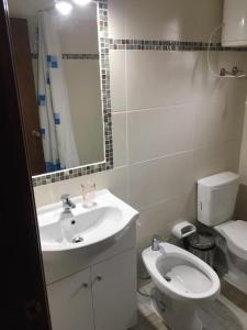 La salle de bains est pourvue d'un lavabo, de toilettes et d'un miroir. dans l'établissement Los Nidos, à Piriápolis