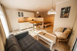 a living room with a couch and a kitchen at Pension Linda in Harrachov