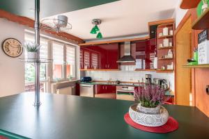 a kitchen with red cabinets and a table with a vase of flowers at Staymoovers - Piękna Willa w pobliżu Krakowa in Paszkówka