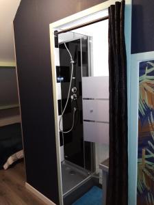 a mirror in a room with a shower at Havre de paix au bords de l'Eure - divers hébergements in Neuilly
