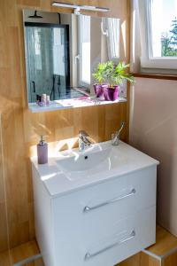a bathroom with a white sink and a mirror at MA ROSE DES LUMIERES maison indépendante 6 personnes avec grande cour in Griesheim-près-Molsheim