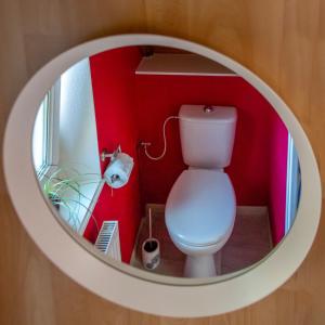a small bathroom with a toilet and red walls at MA ROSE DES LUMIERES maison indépendante 6 personnes avec grande cour in Griesheim-près-Molsheim +11 photos