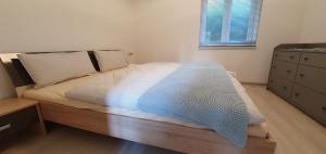 ein Schlafzimmer mit einem großen Bett mit einem Holzrahmen in der Unterkunft FN City Bungalow in Friedrichshafen