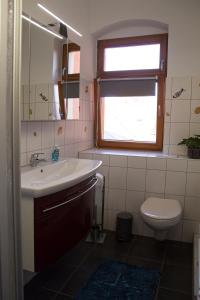 uma casa de banho com um lavatório, um WC e uma janela. em Frank´s Ferienwohnung in Dresden em Dresden