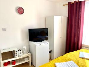 a small room with a refrigerator and a tv at London Luxury Apartment, Private Bathroom in Ilford