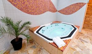 a bath tub with a potted plant in a bathroom at Rodinný resort UKO in Bedřichov