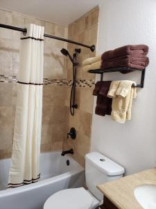 a bathroom with a white toilet and a bath tub at Yosemite Foothill Retreat - Private Guest Suite #2 in Coarsegold