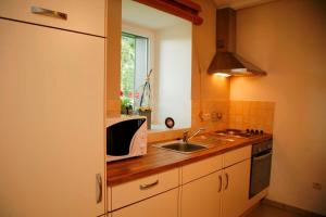 a kitchen with a sink and a microwave at Gîtes "Les Framboisiers" in Neufchâteau