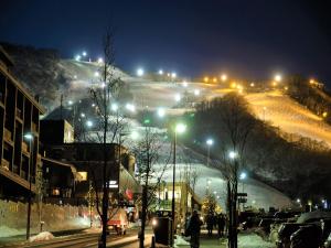 a city street at night with snow and street lights at TORIFITO HOTEL&POD NISEKO in Kutchan