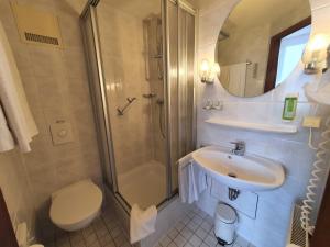 a bathroom with a toilet and a sink and a shower at Pension am Heusteig in Stuttgart