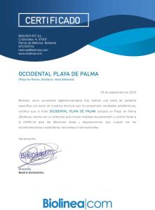Certifikát, hodnocení, plakát nebo jiný dokument vystavený v ubytování Occidental Playa de Palma