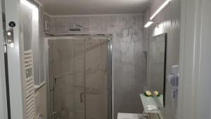 ein Bad mit einer Dusche, einem WC und einem Waschbecken in der Unterkunft Water Lily Apartment - self check-in in Oradea