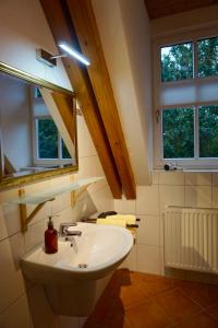 ein Badezimmer mit einem weißen Waschbecken und zwei Fenstern in der Unterkunft Weinhof Grosch in Sugenheim