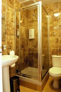 a bathroom with a shower and a toilet and a sink at Pitt Street APARTMENT Beautiful spacious apartment Free parking and free Sanitizer in Edinburgh