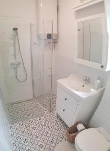 y baño con ducha, aseo y lavamanos. en Kislak a Pilisben - Budapest vonzásában, en Pilisvörösvár