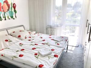 a bedroom with a bed with red flowers on it at Apartament Familia in Ustrzyki Dolne