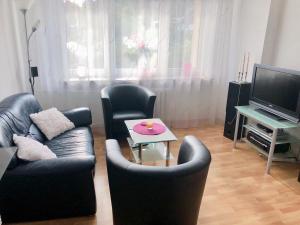 a living room with two chairs and a table and a tv at Apartament Familia in Ustrzyki Dolne