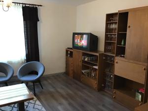 a living room with a television and a table and chairs at chata Dětřichov nad Bystřicí in Dětřichov nad Bystřicí