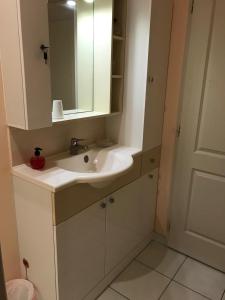 a bathroom with a white sink and a mirror at La Maison du Parc in Saint-Raphaël