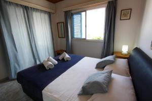 a bedroom with a large bed with pillows and a window at Pissouri Beach Apartments in Pissouri