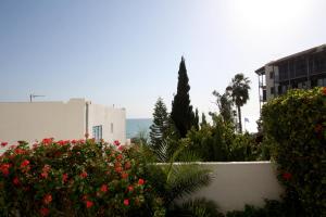 a view of a garden with flowers and buildings at Pissouri Beach Apartments in Pissouri