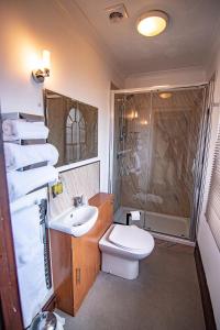 a bathroom with a toilet and a sink and a shower at The Station Guest House in Woodbridge