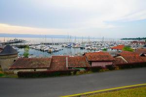 a marina with boats in the water and buildings at Rives and Sleep in Thonon-les-Bains