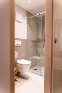uma casa de banho com um WC e uma cabina de duche em vidro. em Gasthaus & Weingut zum Stern em Sulzfeld am Main