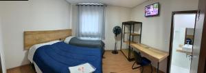 um quarto com uma cama, uma secretária e uma televisão em Hotel Aliança Barbacena em Barbacena