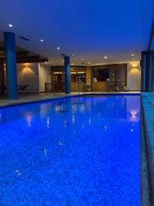 a large blue swimming pool in a building at La Madonnina Del Gran Paradiso Wellness Hotel in Cogne