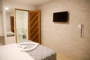 1 dormitorio con 1 cama y TV en la pared en Pousada Angra do Porto, en Porto de Galinhas