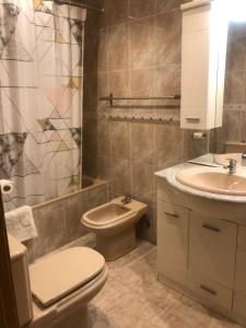 a bathroom with a toilet and a sink and a shower at Apartament Magnífico in Paiporta