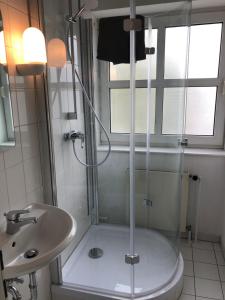 a bathroom with a shower and a sink at Lindenstraße in Belm