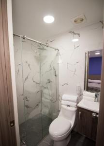 La salle de bains est pourvue de toilettes et d'une douche en verre. dans l'établissement PARIS. HOTEL, à Quimbaya